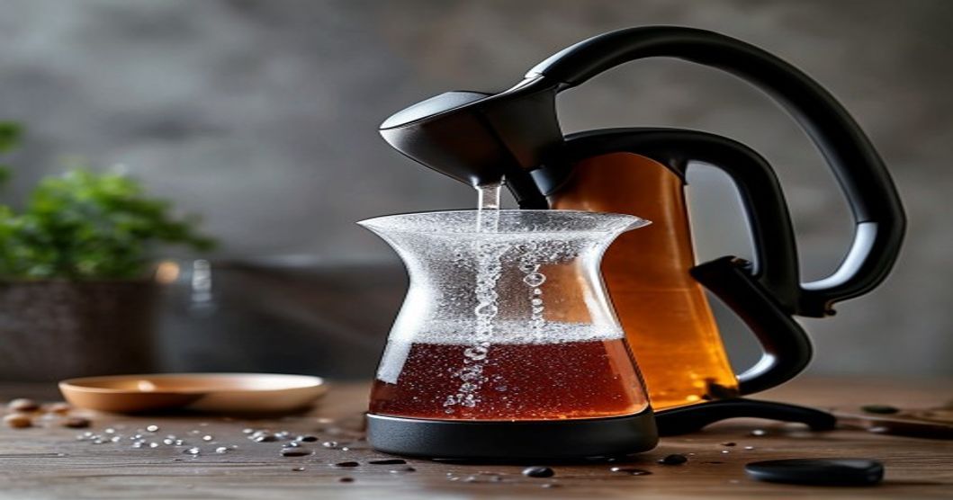 Gooseneck electric kettle pouring water into pour-over coffee