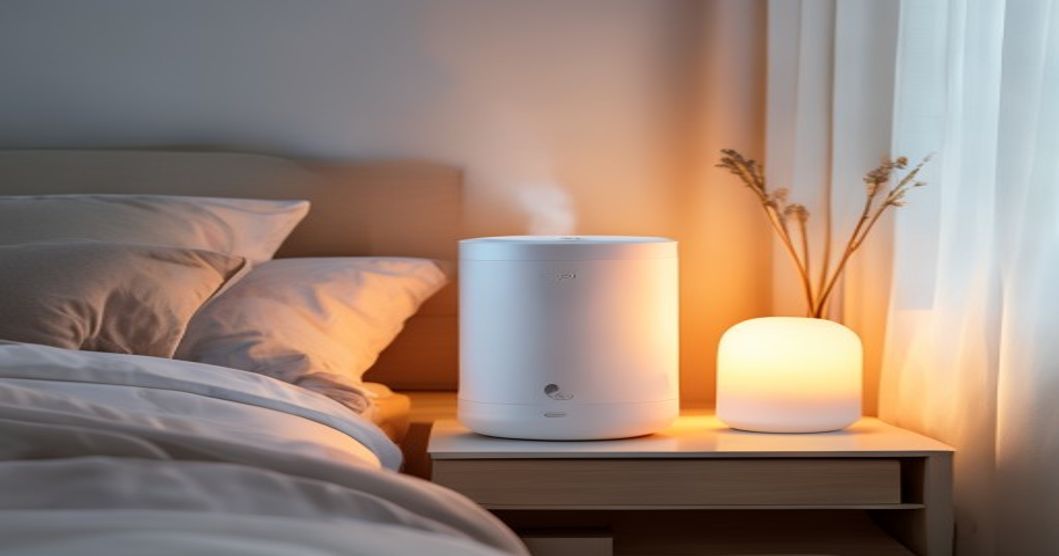 Clean bedroom with white humidifier on nightstand soft morning light