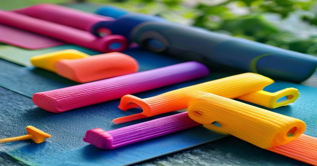 Colorful resistance bands laid out on yoga mat near dumbbells